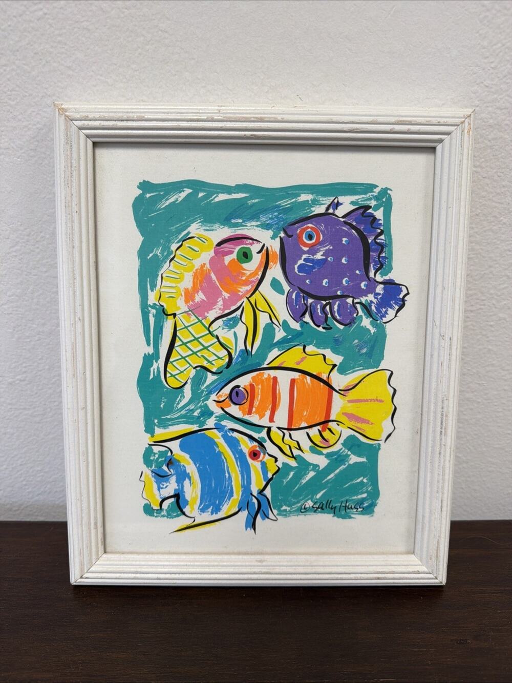 Vintage 1990s Sally Huss Signed Framed Art Print Whimsical Tropical Fish Neon